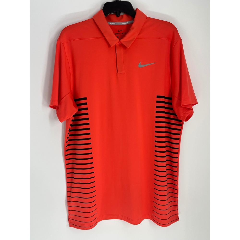 Nike Golf Dri-FIT Striped Side Polo Shirt Men L Orange Athletic Activewear Sport